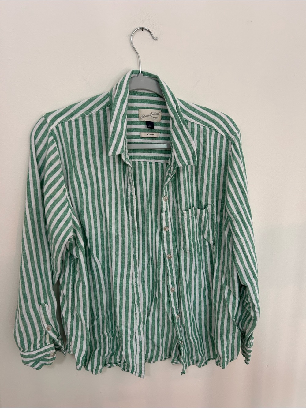 Striped Green and White ‘Linen’ Button-Up Shirt